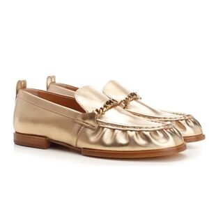 TOD'S Gold Metallic Soft Leather Loafers Made in Italy Chain “T”  Detail 37.5